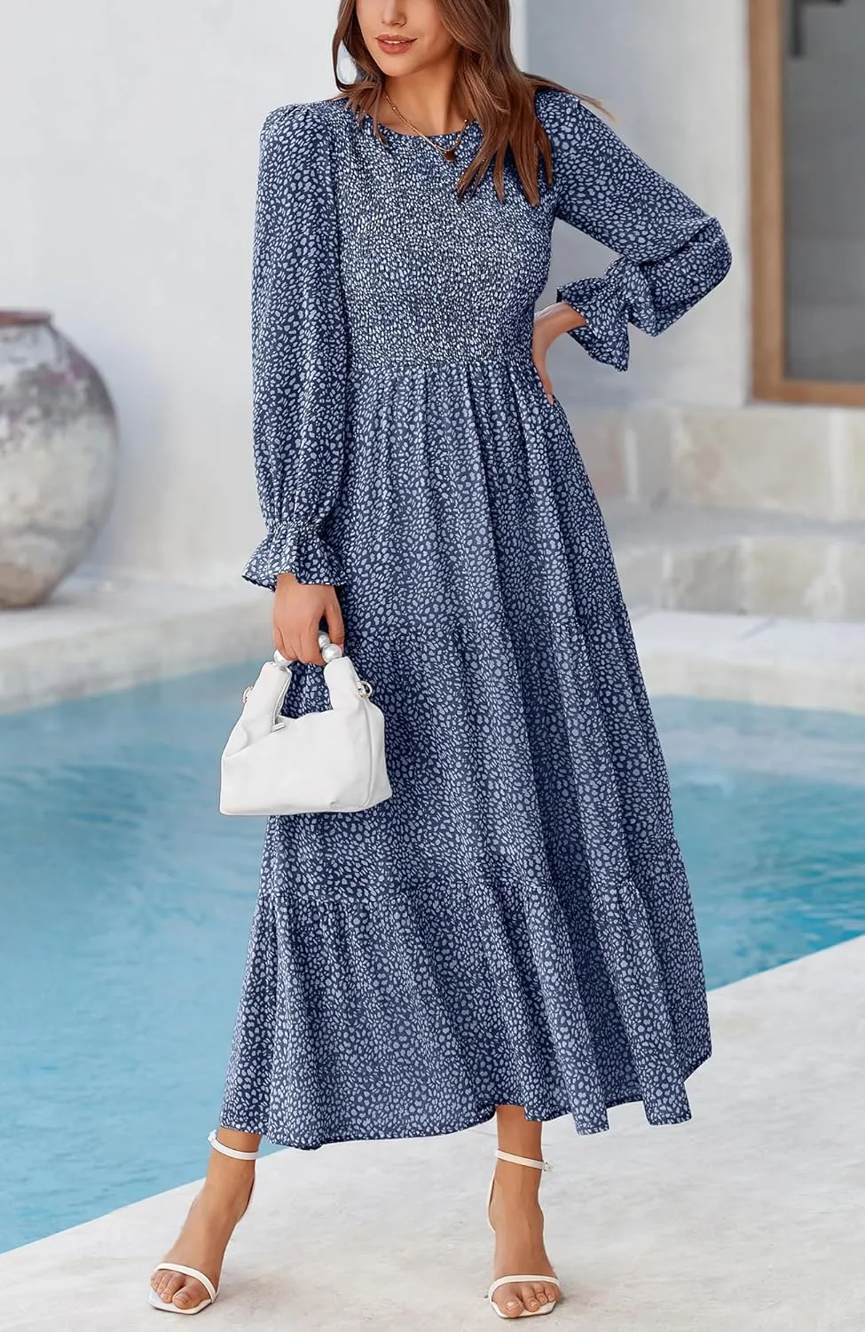 BTFBM Women Casual Long Sleeve Crew Neck Fall Dress Bohemian Relaxed Fit Floral Flowy Maxi Dresses Tiered Cocktail Dress