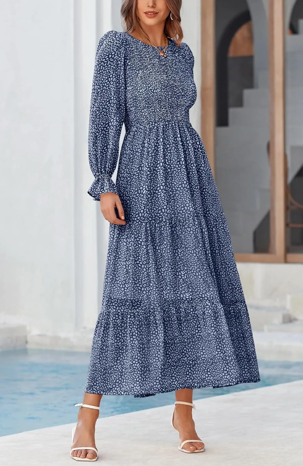 BTFBM Women Casual Long Sleeve Crew Neck Fall Dress Bohemian Relaxed Fit Floral Flowy Maxi Dresses Tiered Cocktail Dress