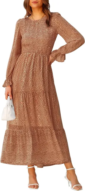 BTFBM Women Casual Long Sleeve Crew Neck Fall Dress Bohemian Relaxed Fit Floral Flowy Maxi Dresses Tiered Cocktail Dress