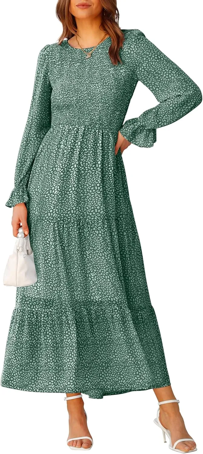 BTFBM Women Casual Long Sleeve Crew Neck Fall Dress Bohemian Relaxed Fit Floral Flowy Maxi Dresses Tiered Cocktail Dress