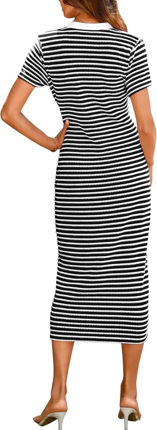 BTFBM Women Casual Summer Dresses Short Sleeve Striped Midi Dresses Decorative Button Ribbed Knit Dresses Party Dresses