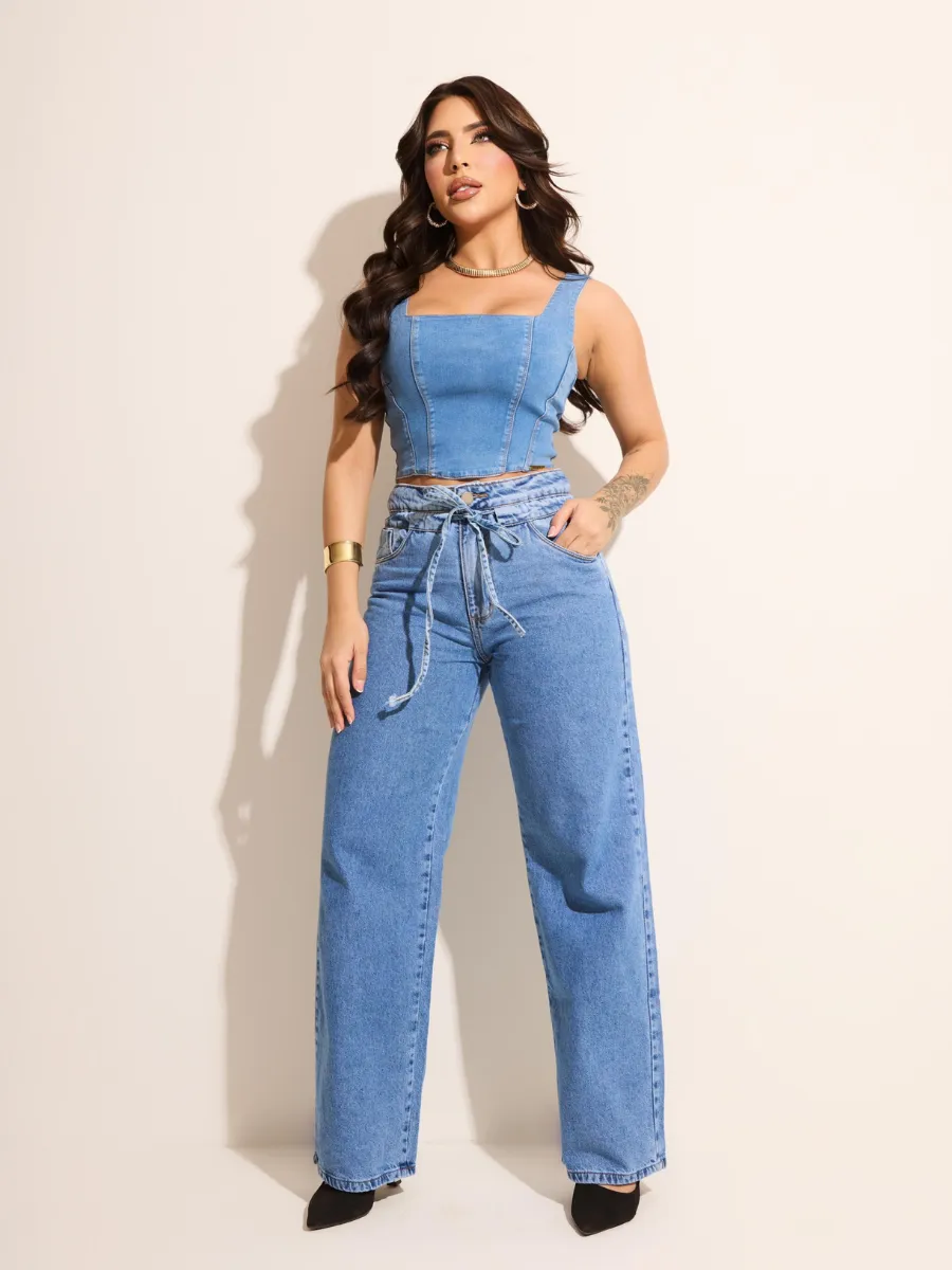 Cala Jeans Wide Leg Modern Denim com Regulagem na Cintura - FULL