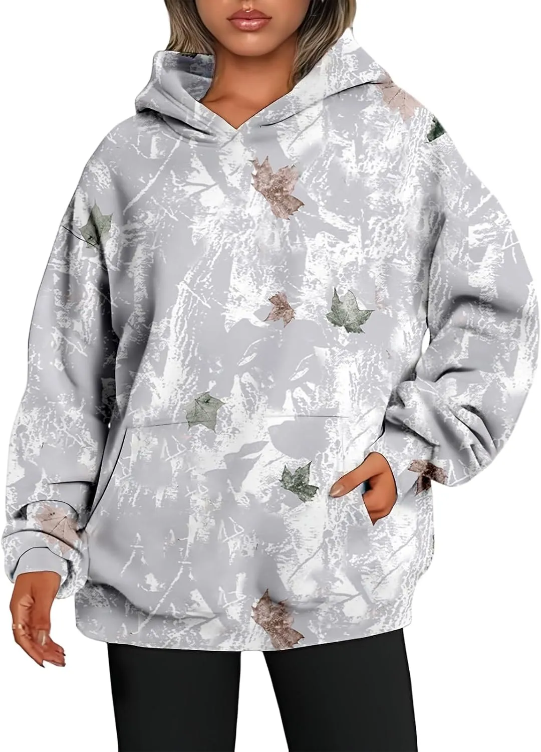 Camo Hoodies for Women Maple Leaf Print Oversized Hooded Sweatshirt Lightweight Pullover Sweatshirts with Pocket