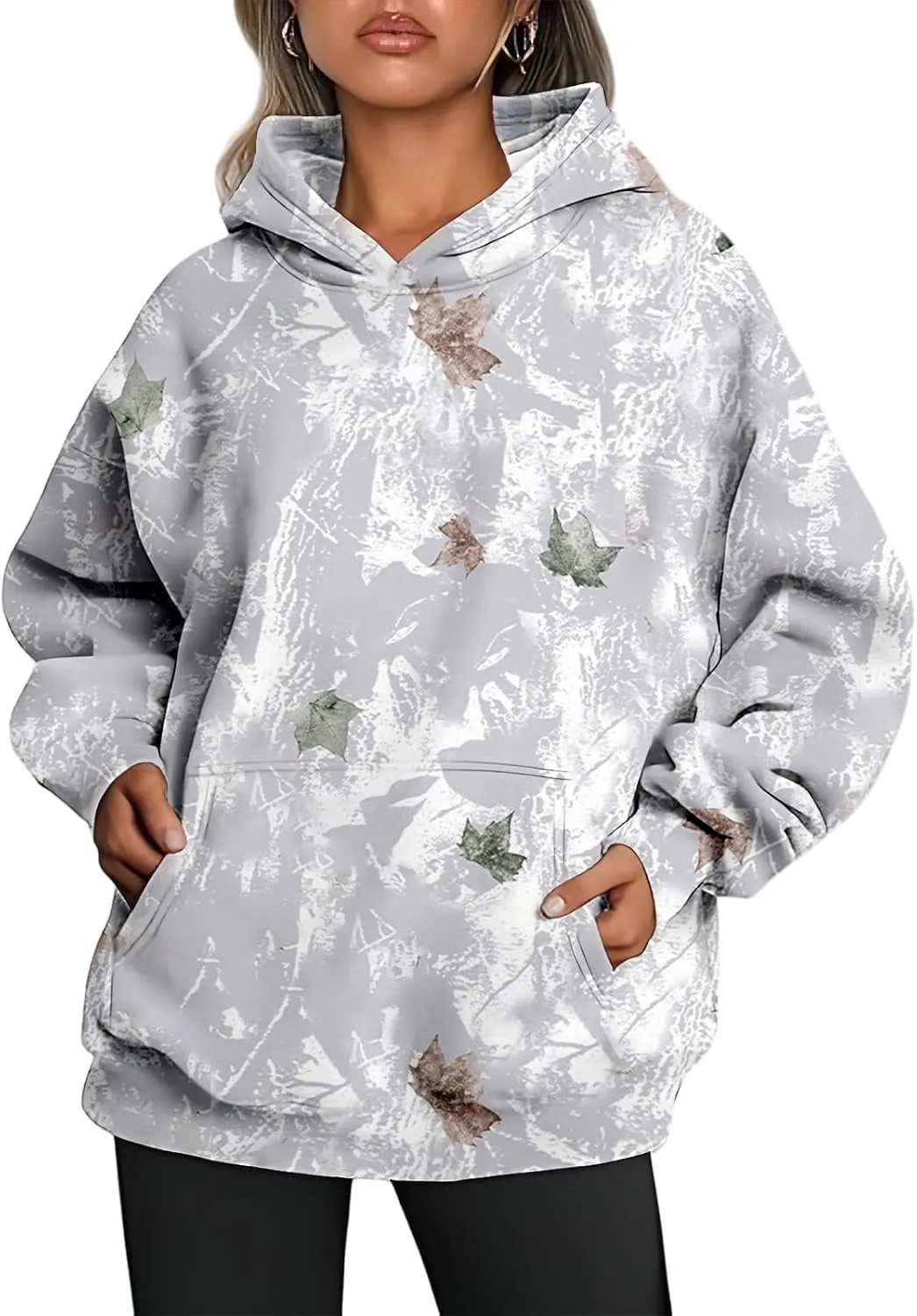 Camo Hoodies for Women Maple Leaf Print Oversized Hooded Sweatshirt Lightweight Pullover Sweatshirts with Pocket