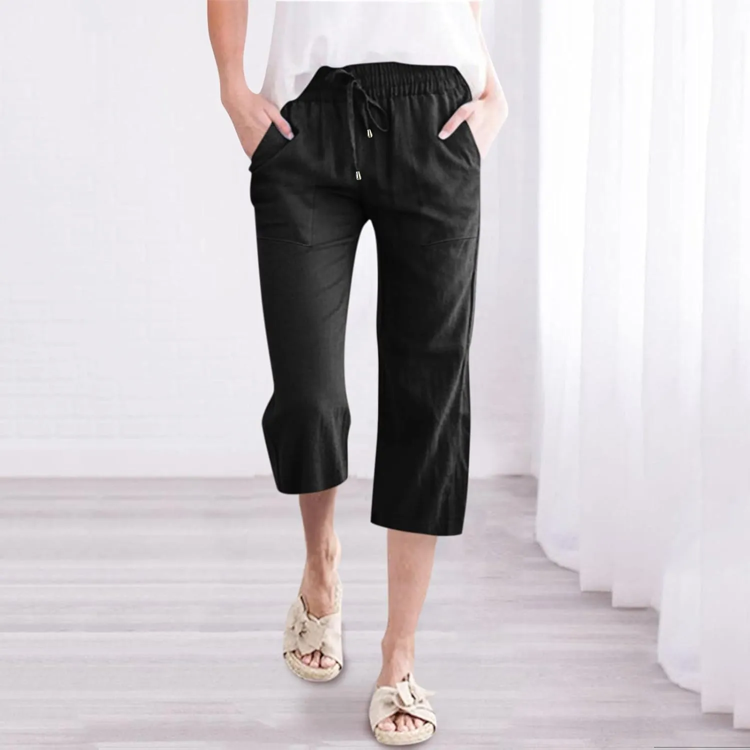 Capris Pants for Women Summer Casual Cropped Cotton Linen Pants Comfy Drawstring Elastic Waist Loose Straight Leg Trousers