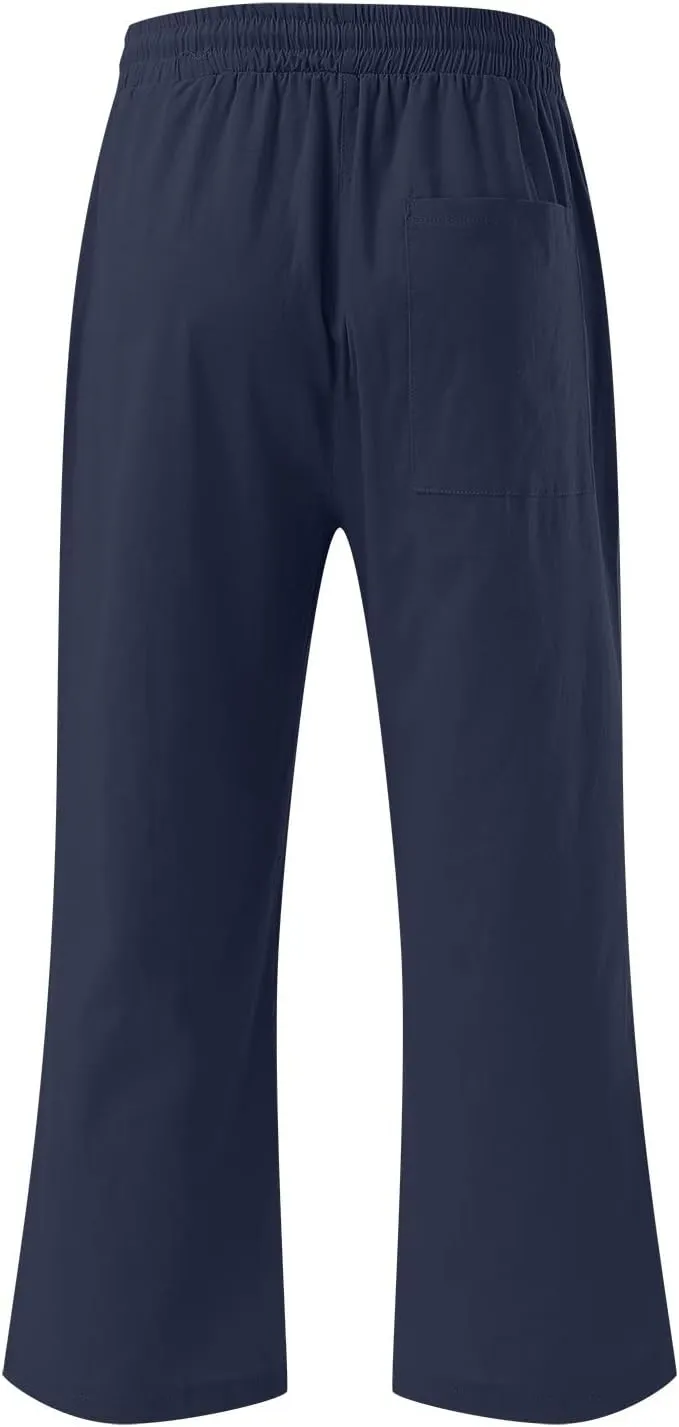Capris Pants for Women Summer Casual Cropped Cotton Linen Pants Comfy Drawstring Elastic Waist Loose Straight Leg Trousers