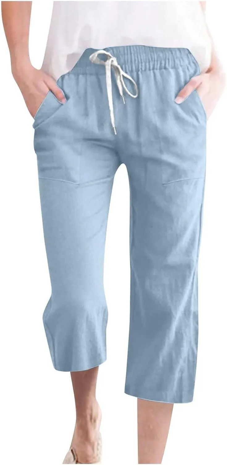 Capris Pants for Women Summer Casual Cropped Cotton Linen Pants Comfy Drawstring Elastic Waist Loose Straight Leg Trousers