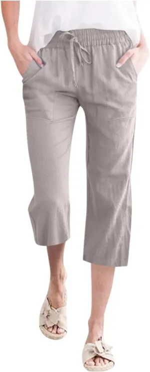 Capris Pants for Women Summer Casual Cropped Cotton Linen Pants Comfy Drawstring Elastic Waist Loose Straight Leg Trousers