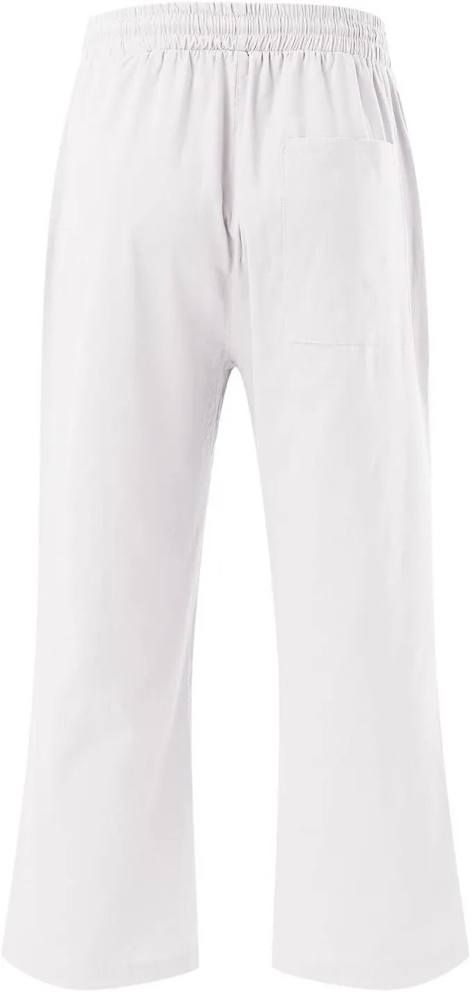 Capris Pants for Women Summer Casual Cropped Cotton Linen Pants Comfy Drawstring Elastic Waist Loose Straight Leg Trousers