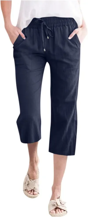 Capris Pants for Women Summer Casual Cropped Cotton Linen Pants Comfy Drawstring Elastic Waist Loose Straight Leg Trousers