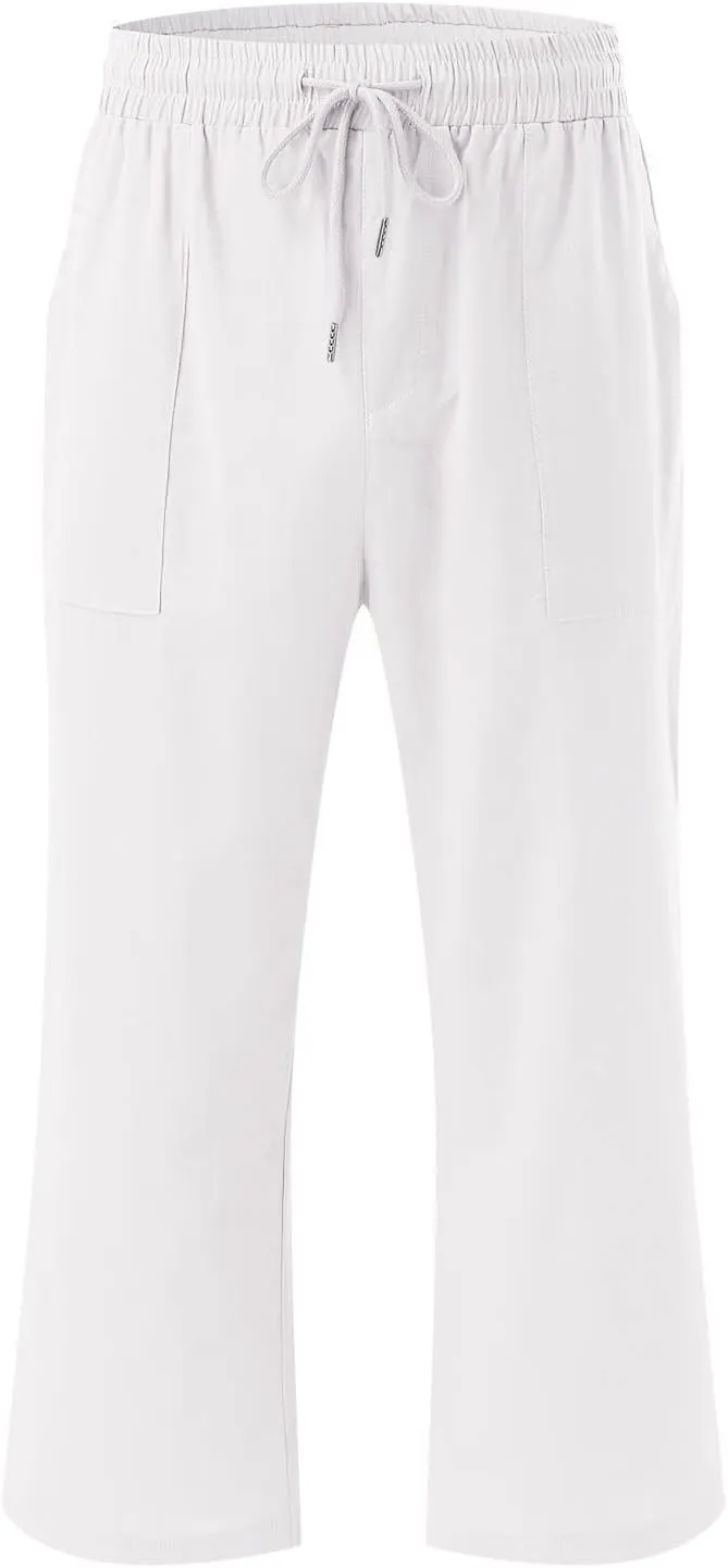 Capris Pants for Women Summer Casual Cropped Cotton Linen Pants Comfy Drawstring Elastic Waist Loose Straight Leg Trousers