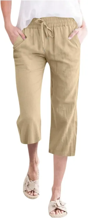 Capris Pants for Women Summer Casual Cropped Cotton Linen Pants Comfy Drawstring Elastic Waist Loose Straight Leg Trousers