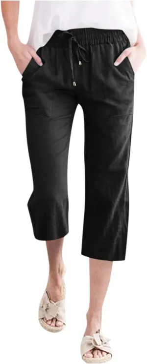 Capris Pants for Women Summer Casual Cropped Cotton Linen Pants Comfy Drawstring Elastic Waist Loose Straight Leg Trousers