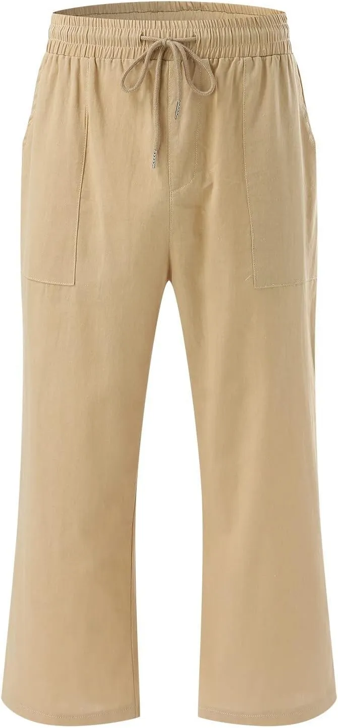 Capris Pants for Women Summer Casual Cropped Cotton Linen Pants Comfy Drawstring Elastic Waist Loose Straight Leg Trousers