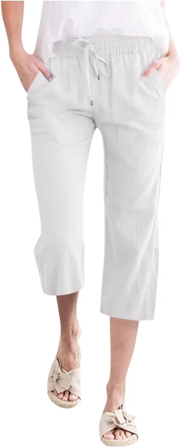 Capris Pants for Women Summer Casual Cropped Cotton Linen Pants Comfy Drawstring Elastic Waist Loose Straight Leg Trousers