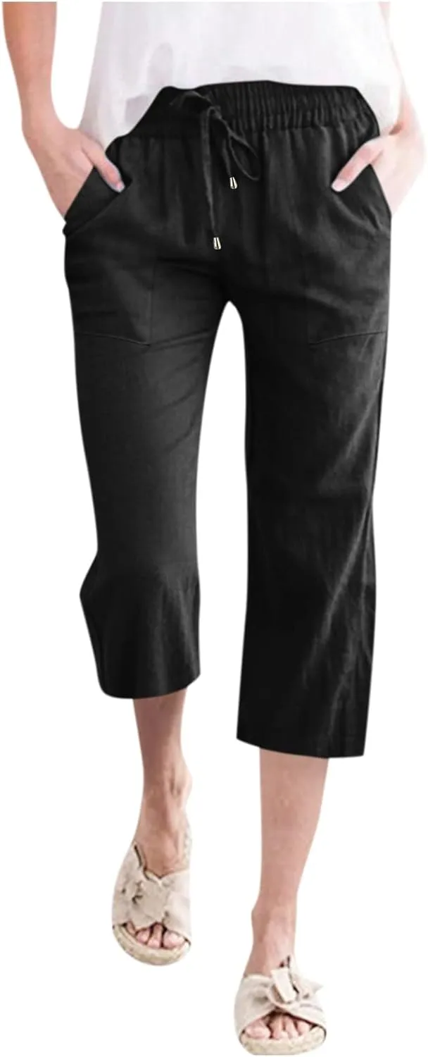 Capris Pants for Women Summer Casual Cropped Cotton Linen Pants Comfy Drawstring Elastic Waist Loose Straight Leg Trousers