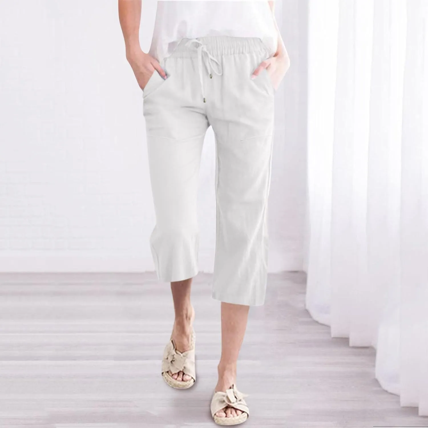 Capris Pants for Women Summer Casual Cropped Cotton Linen Pants Comfy Drawstring Elastic Waist Loose Straight Leg Trousers