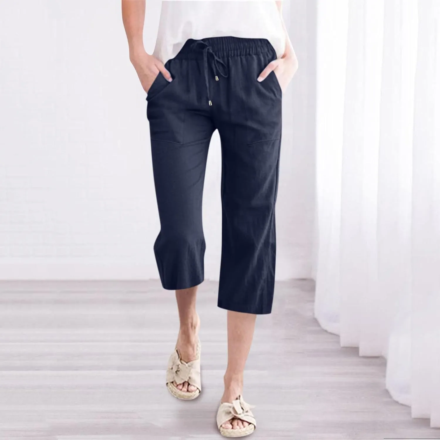 Capris Pants for Women Summer Casual Cropped Cotton Linen Pants Comfy Drawstring Elastic Waist Loose Straight Leg Trousers