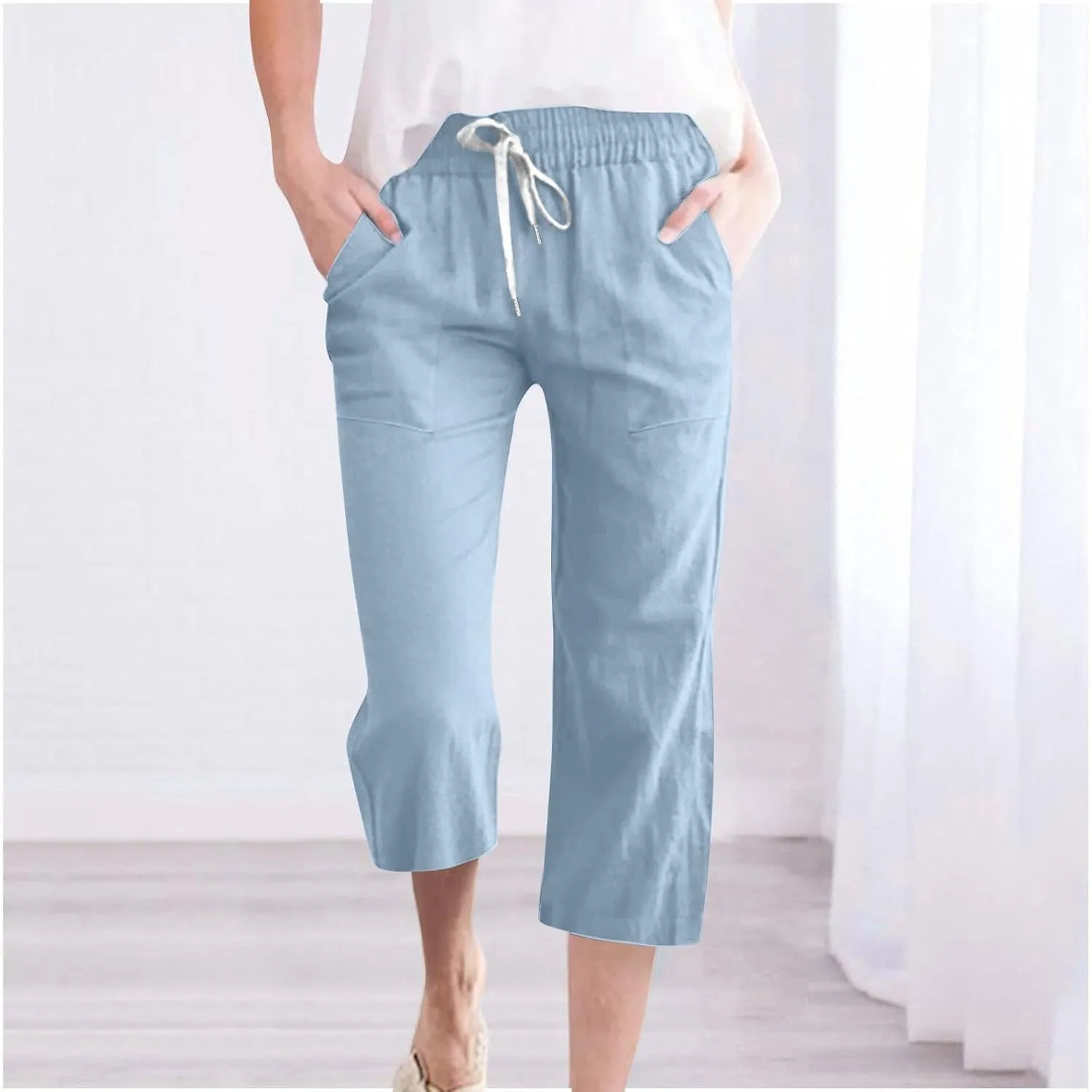 Capris Pants for Women Summer Casual Cropped Cotton Linen Pants Comfy Drawstring Elastic Waist Loose Straight Leg Trousers