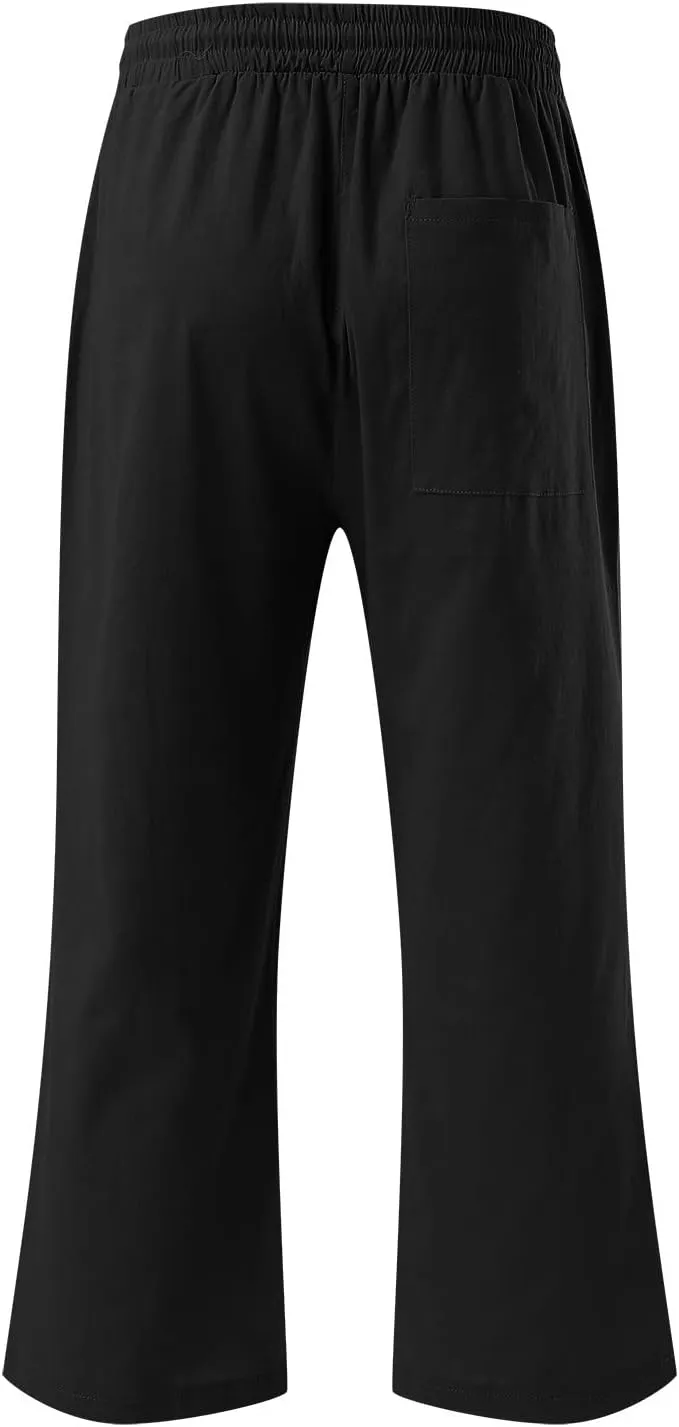 Capris Pants for Women Summer Casual Cropped Cotton Linen Pants Comfy Drawstring Elastic Waist Loose Straight Leg Trousers