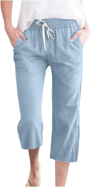 Capris Pants for Women Summer Casual Cropped Cotton Linen Pants Comfy Drawstring Elastic Waist Loose Straight Leg Trousers
