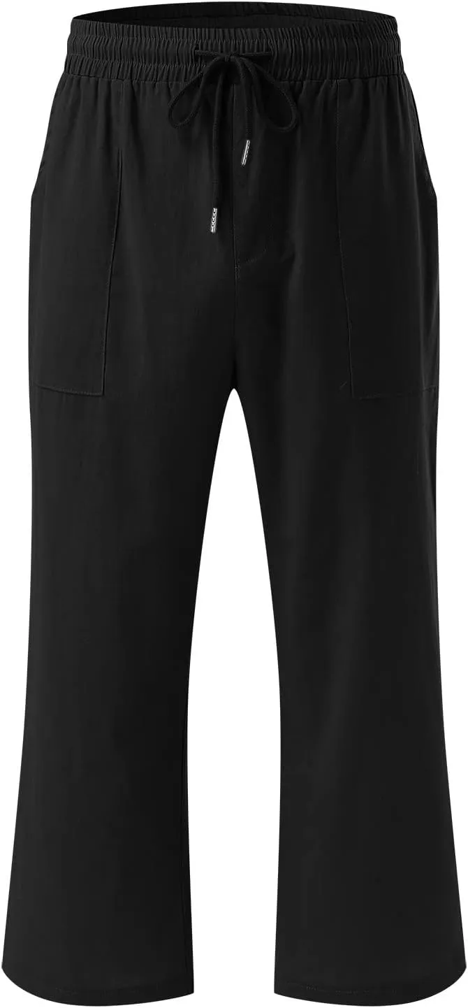 Capris Pants for Women Summer Casual Cropped Cotton Linen Pants Comfy Drawstring Elastic Waist Loose Straight Leg Trousers
