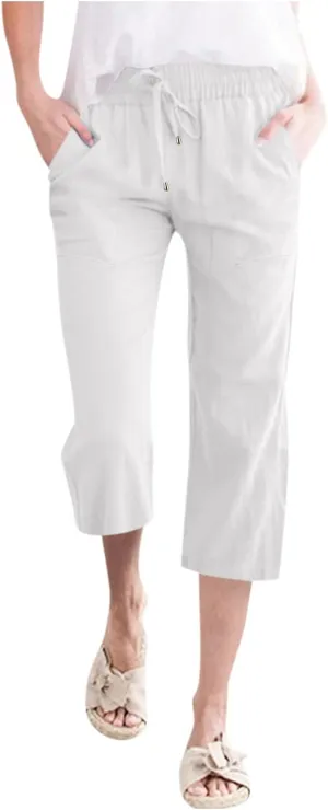 Capris Pants for Women Summer Casual Cropped Cotton Linen Pants Comfy Drawstring Elastic Waist Loose Straight Leg Trousers