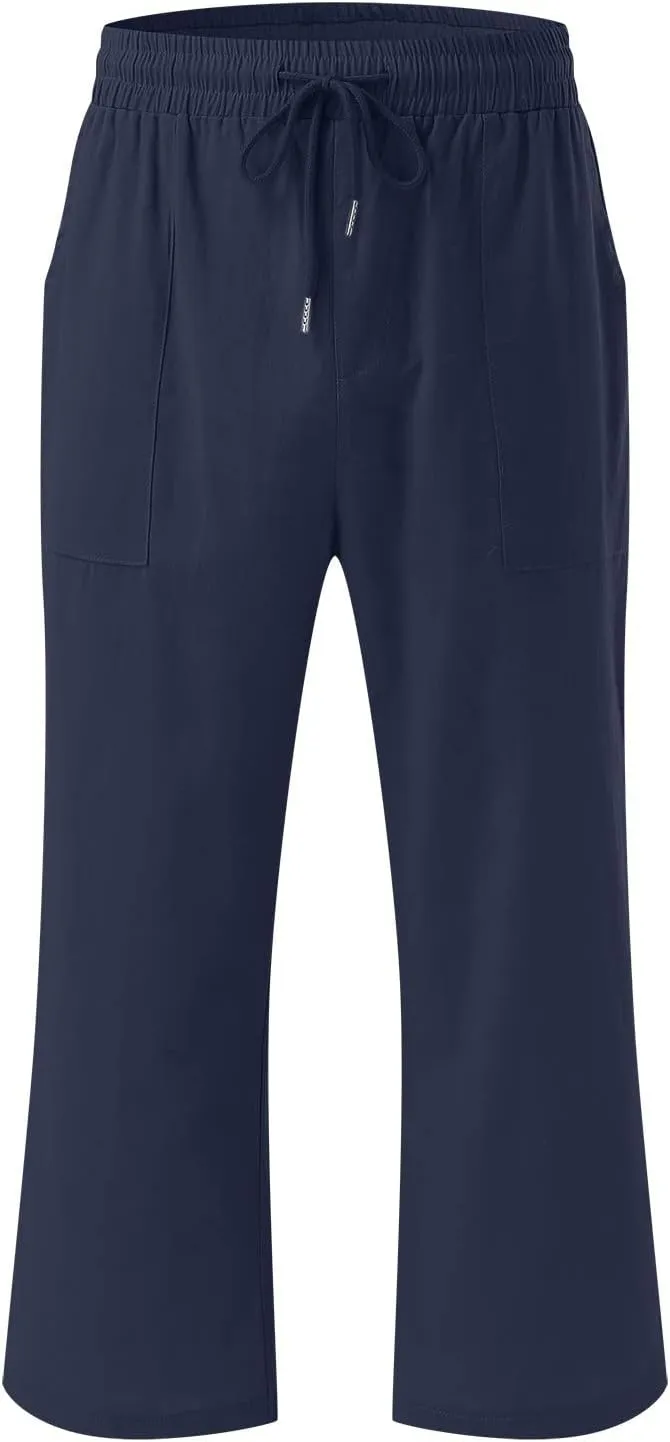 Capris Pants for Women Summer Casual Cropped Cotton Linen Pants Comfy Drawstring Elastic Waist Loose Straight Leg Trousers