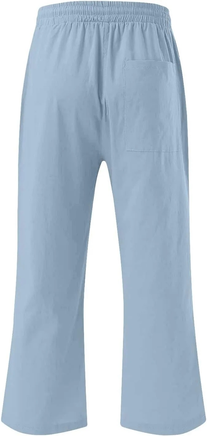 Capris Pants for Women Summer Casual Cropped Cotton Linen Pants Comfy Drawstring Elastic Waist Loose Straight Leg Trousers