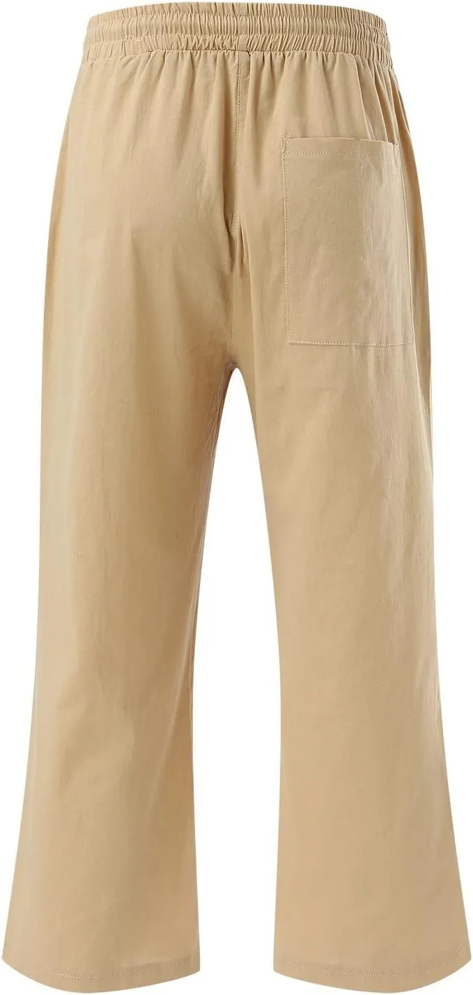 Capris Pants for Women Summer Casual Cropped Cotton Linen Pants Comfy Drawstring Elastic Waist Loose Straight Leg Trousers