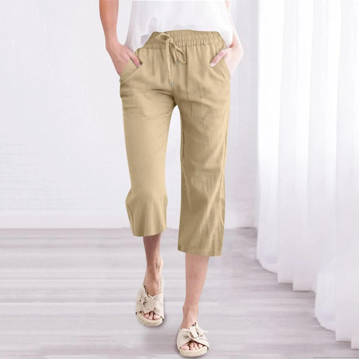 Capris Pants for Women Summer Casual Cropped Cotton Linen Pants Comfy Drawstring Elastic Waist Loose Straight Leg Trousers