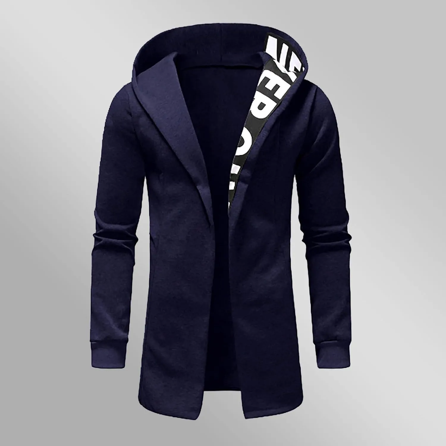 Cardigan Jacket for Men Trendy Letter Print Mid-Length Trench Coat Casual Hooded Long Sleeve Comfy Warm Coat Outfits
