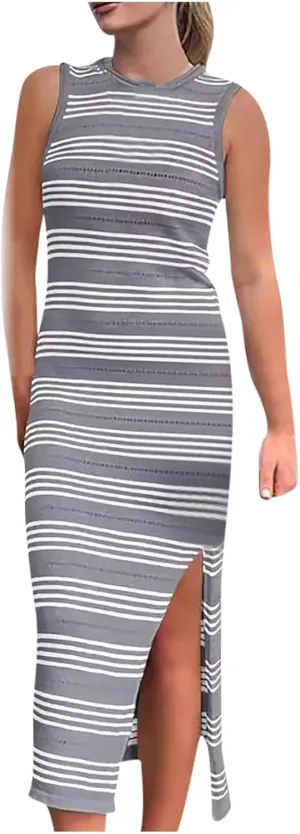 Casual Dresses for Women Striped Short Sleeve Midi Dress Button Ribbed Knit Work Summer Vacation Boho Party Dress 2025