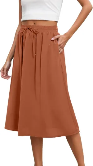 Casual Midi Skirts for Women Summer Comfy Drawstring Knee Length Skirts Trendy Elastic Waist Travel Skorts with Pockets