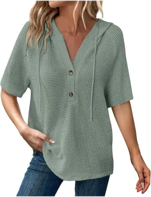 Casual Solid Button-up Hoodies for Women Summer Basic V Neck Half Sleeve Shirt Loose Oversized Dressy Ladies Blouse