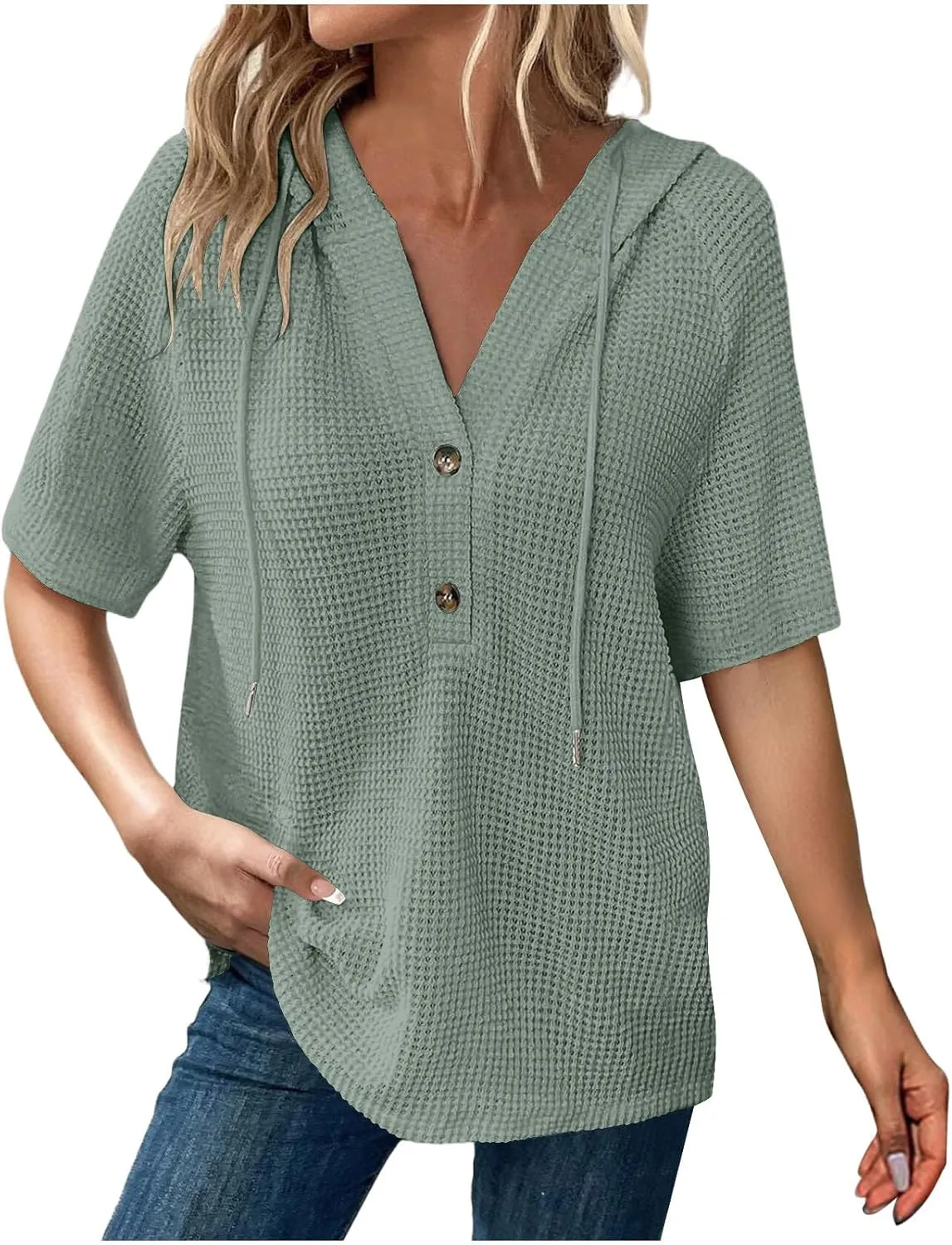 Casual Solid Button-up Hoodies for Women Summer Basic V Neck Half Sleeve Shirt Loose Oversized Dressy Ladies Blouse