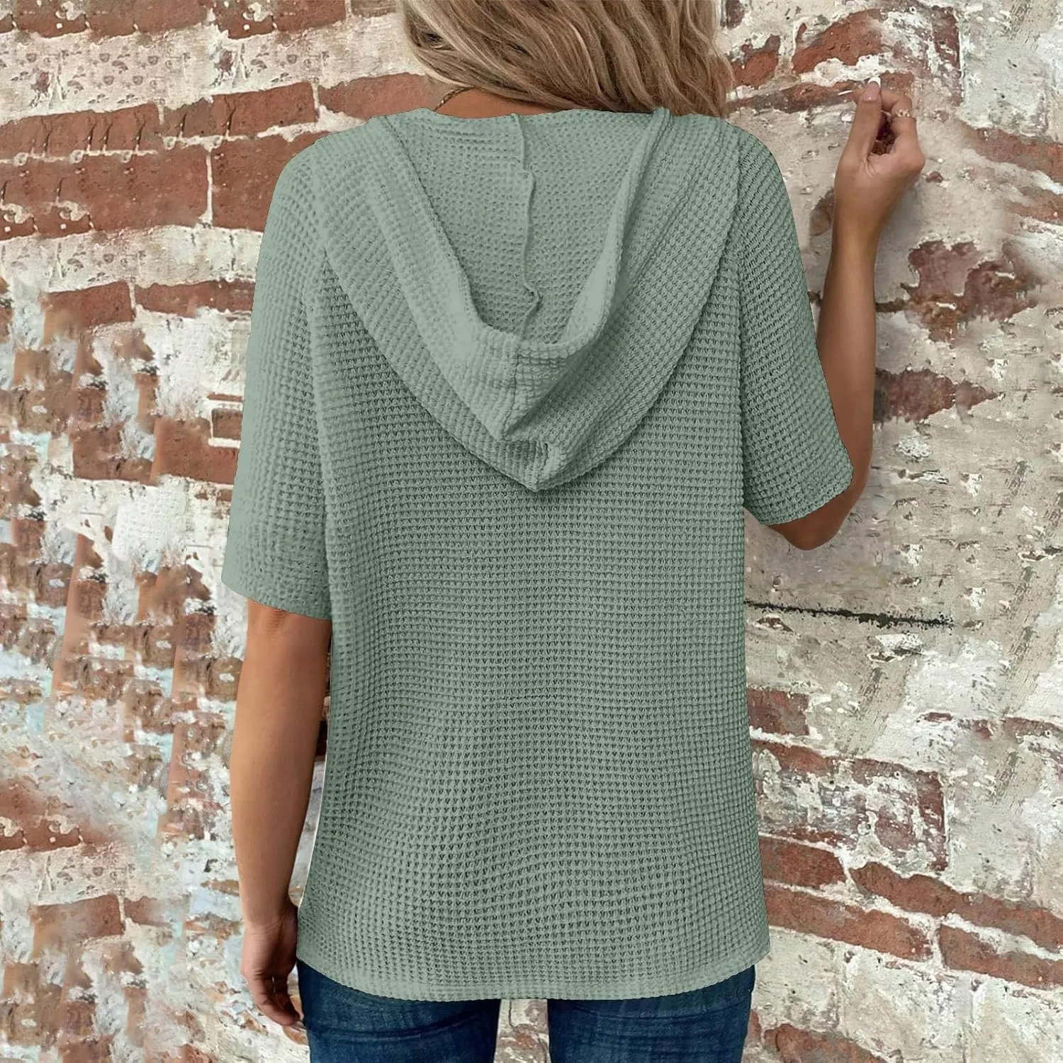 Casual Solid Button-up Hoodies for Women Summer Basic V Neck Half Sleeve Shirt Loose Oversized Dressy Ladies Blouse