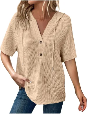 Casual Solid Button-up Hoodies for Women Summer Basic V Neck Half Sleeve Shirt Loose Oversized Dressy Ladies Blouse