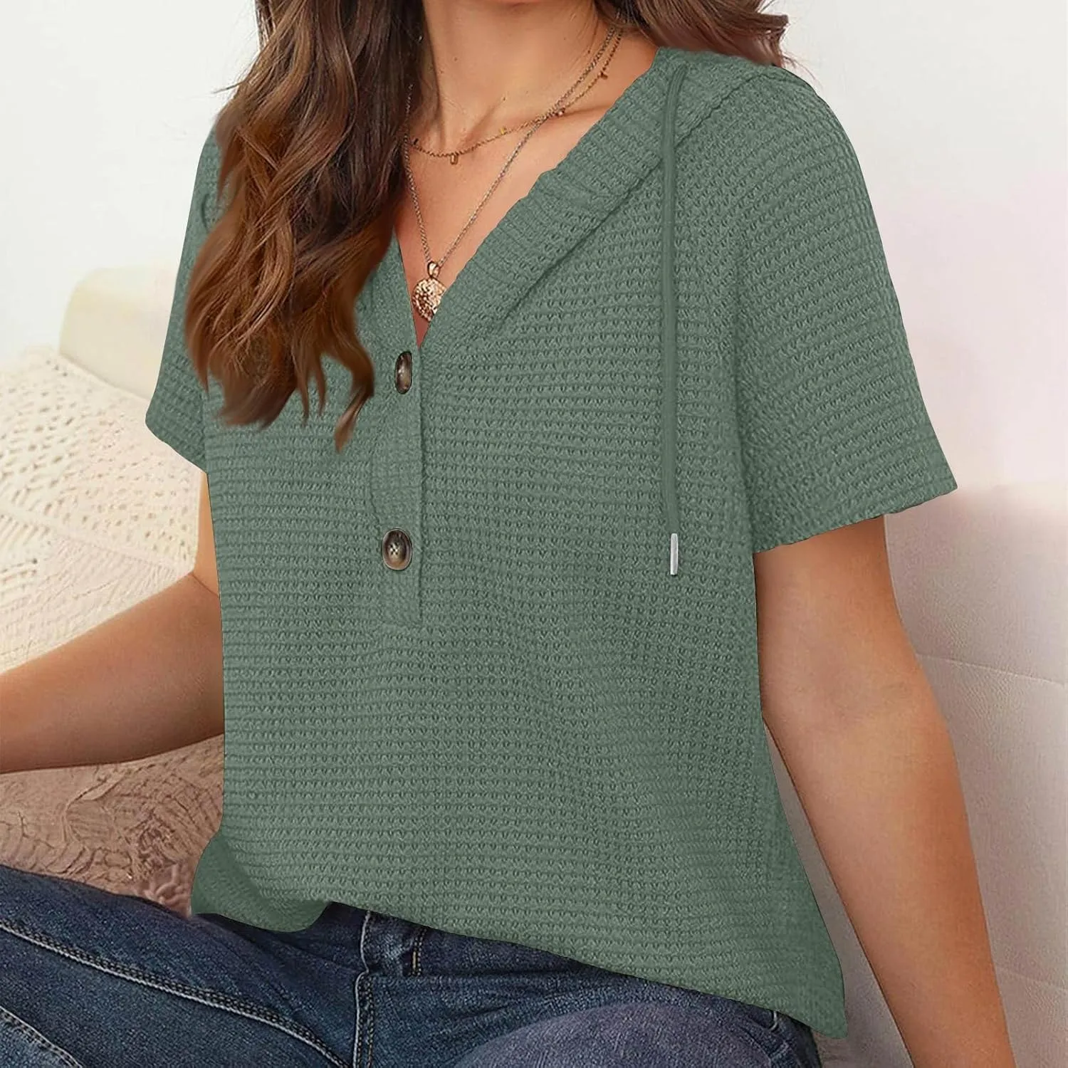 Casual Solid Button-up Hoodies for Women Summer Basic V Neck Half Sleeve Shirt Loose Oversized Dressy Ladies Blouse