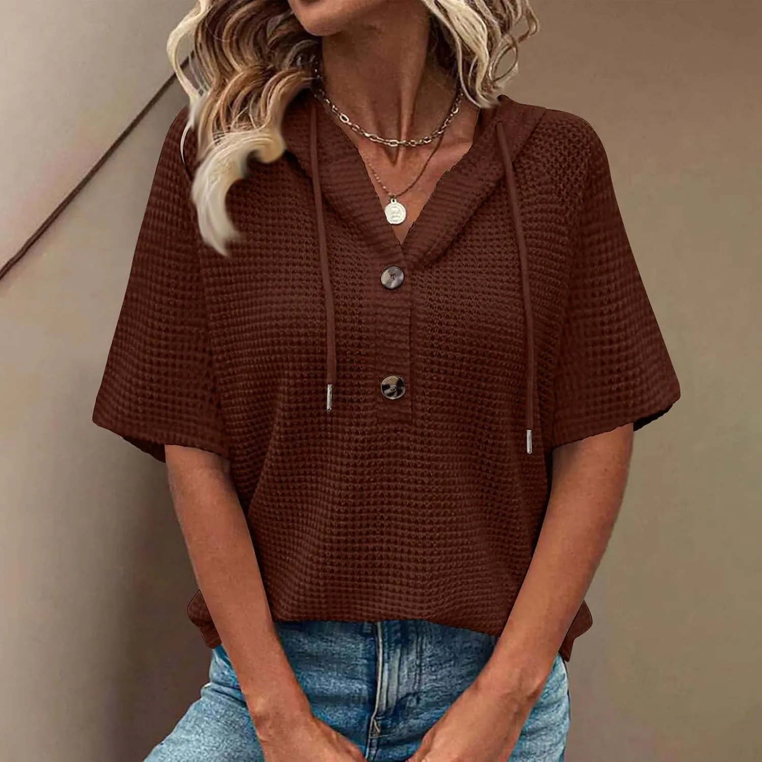 Casual Solid Button-up Hoodies for Women Summer Basic V Neck Half Sleeve Shirt Loose Oversized Dressy Ladies Blouse