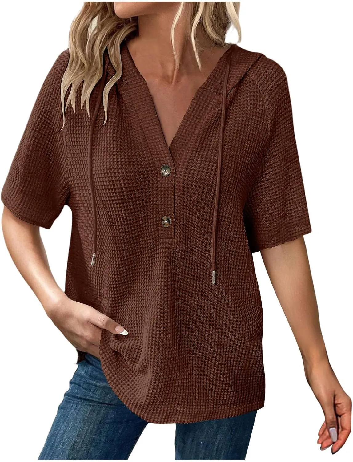 Casual Solid Button-up Hoodies for Women Summer Basic V Neck Half Sleeve Shirt Loose Oversized Dressy Ladies Blouse