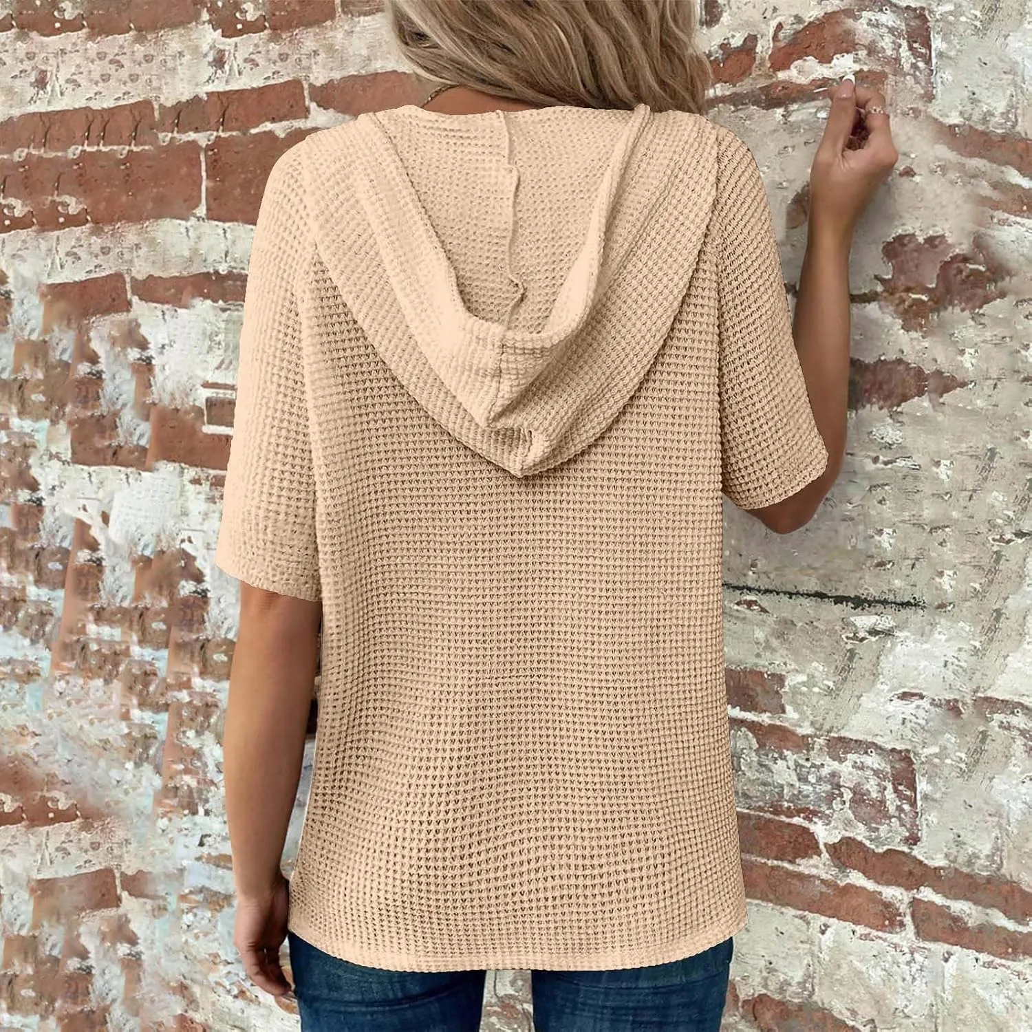 Casual Solid Button-up Hoodies for Women Summer Basic V Neck Half Sleeve Shirt Loose Oversized Dressy Ladies Blouse