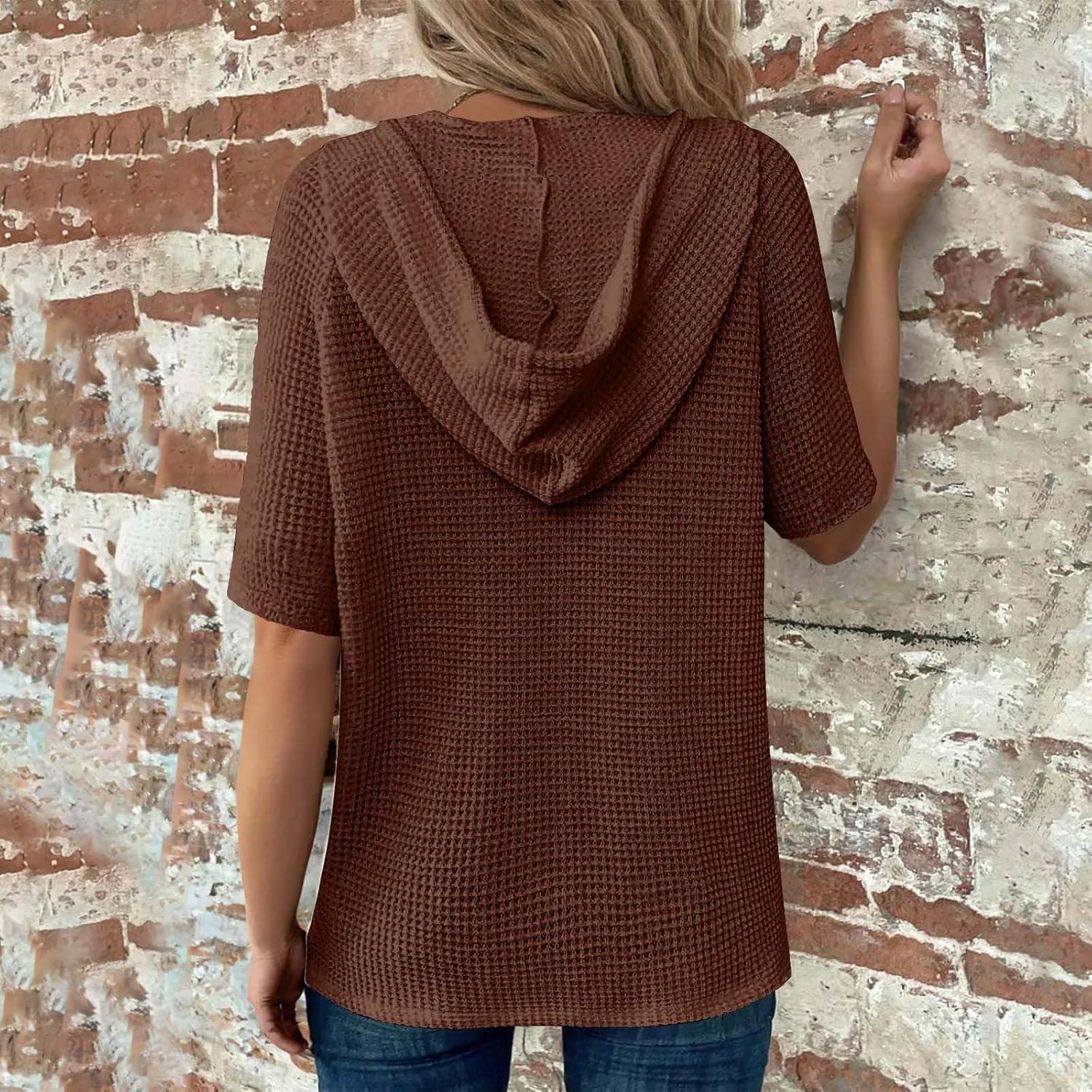 Casual Solid Button-up Hoodies for Women Summer Basic V Neck Half Sleeve Shirt Loose Oversized Dressy Ladies Blouse