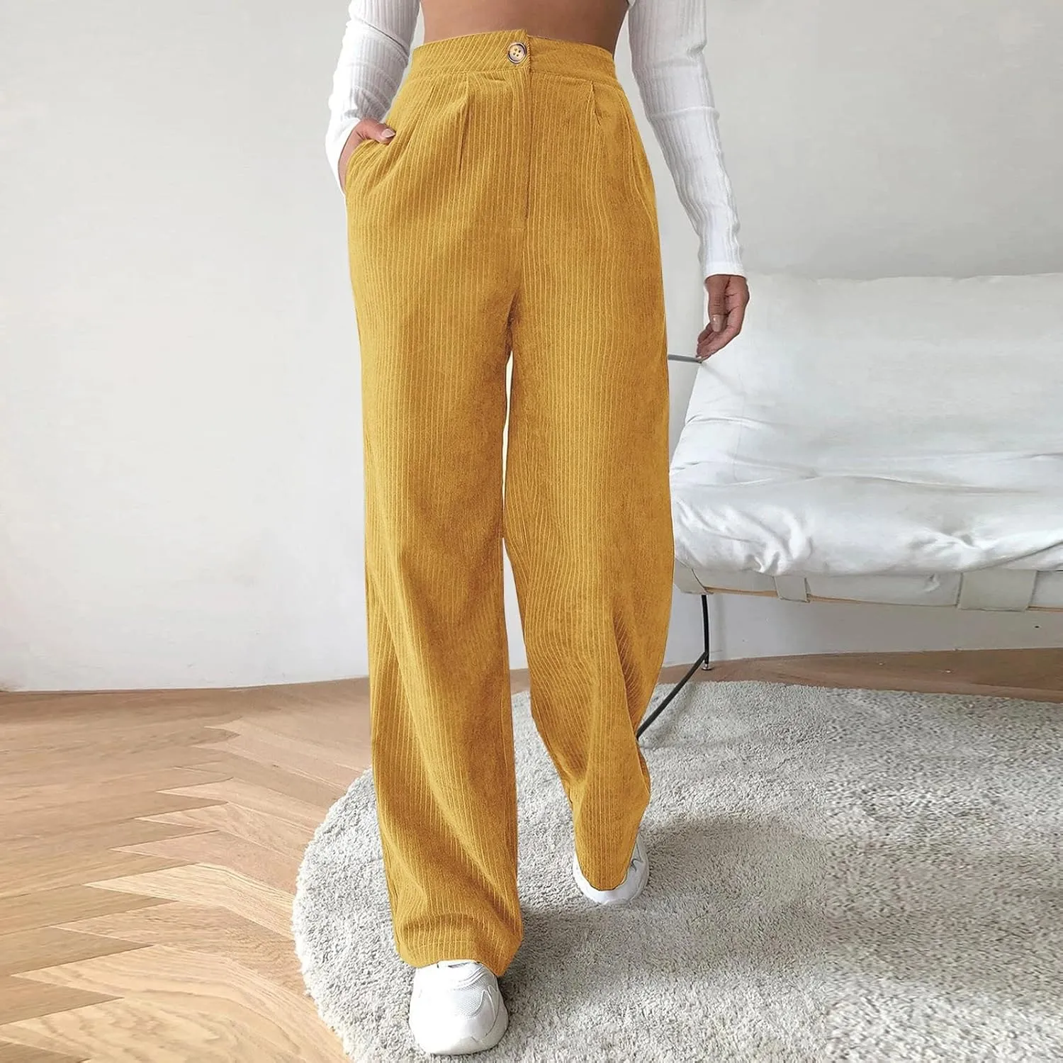 Casual Straight Pants for Women Solid Color Wide Leg Baggy Pant Loose Fit High Rise Elastic Waist Trouser with Pocket