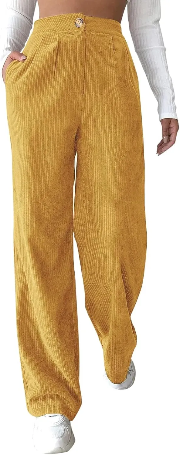 Casual Straight Pants for Women Solid Color Wide Leg Baggy Pant Loose Fit High Rise Elastic Waist Trouser with Pocket