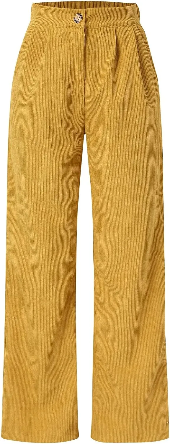 Casual Straight Pants for Women Solid Color Wide Leg Baggy Pant Loose Fit High Rise Elastic Waist Trouser with Pocket