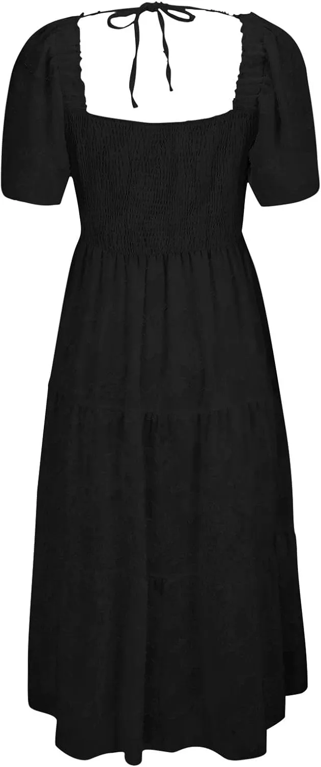 Casual Summer Dresses for Women 2025,Women's Cotton Summer Boho Floral Printed Midi Dresses Elegant Square Neck Dress