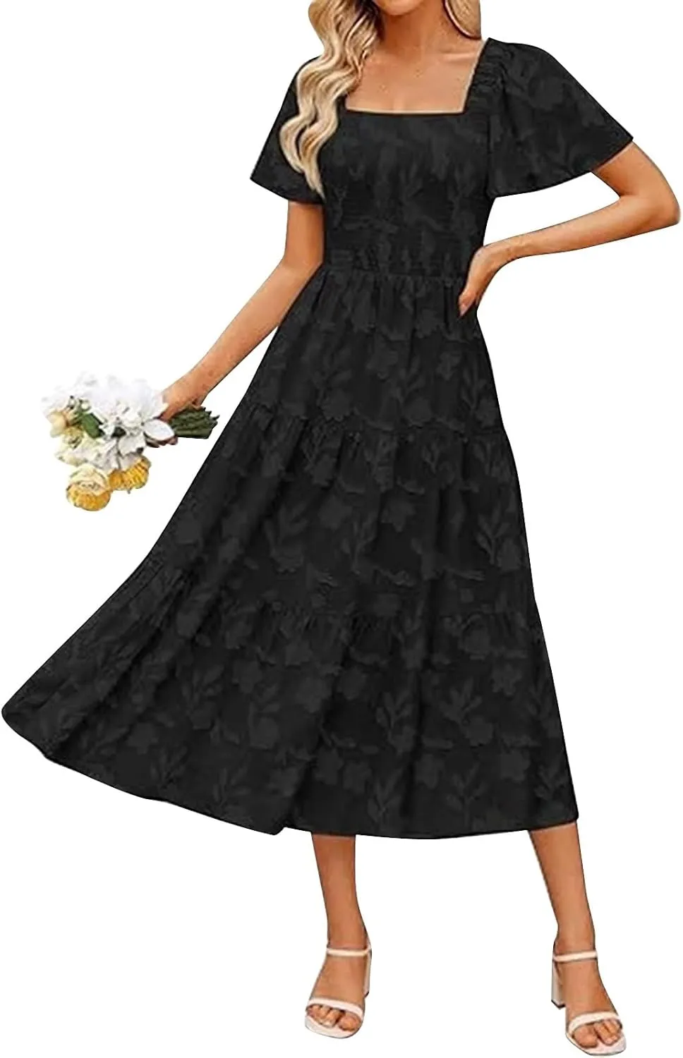 Casual Summer Dresses for Women 2025,Women's Cotton Summer Boho Floral Printed Midi Dresses Elegant Square Neck Dress
