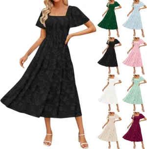 Casual Summer Dresses for Women 2025,Women's Cotton Summer Boho Floral Printed Midi Dresses Elegant Square Neck Dress