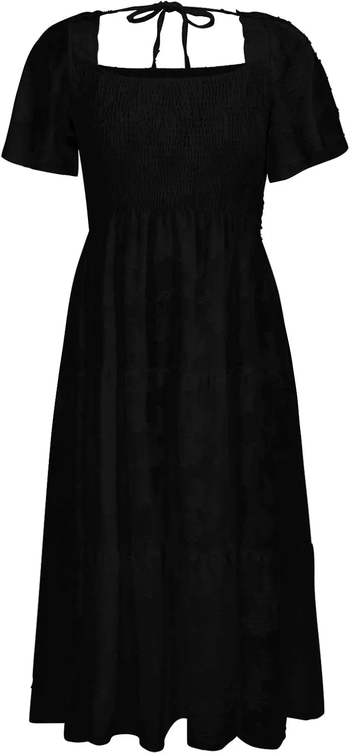 Casual Summer Dresses for Women 2025,Women's Cotton Summer Boho Floral Printed Midi Dresses Elegant Square Neck Dress